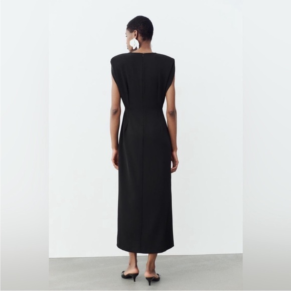 ZARA Shoulder Pad Crepe Midi Dress Black Fitted waist shoulder pads Size S NWT - Picture 9 of 16